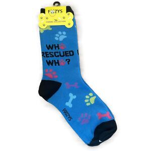 NWT Foozys Blue Crew Length Dog-Themed Who Rescued Who Socks Women's One Size